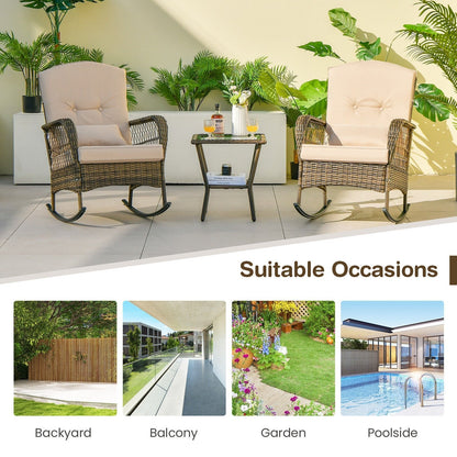 3 Piece Outdoor Rocking Chair Set with Cozy Cushions and Pillow-Beige