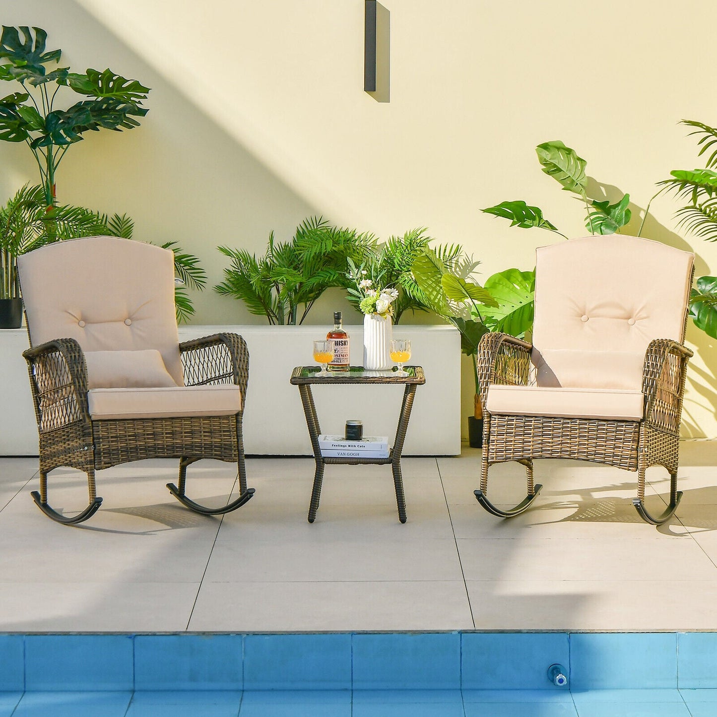 3 Piece Outdoor Rocking Chair Set with Cozy Cushions and Pillow-Beige