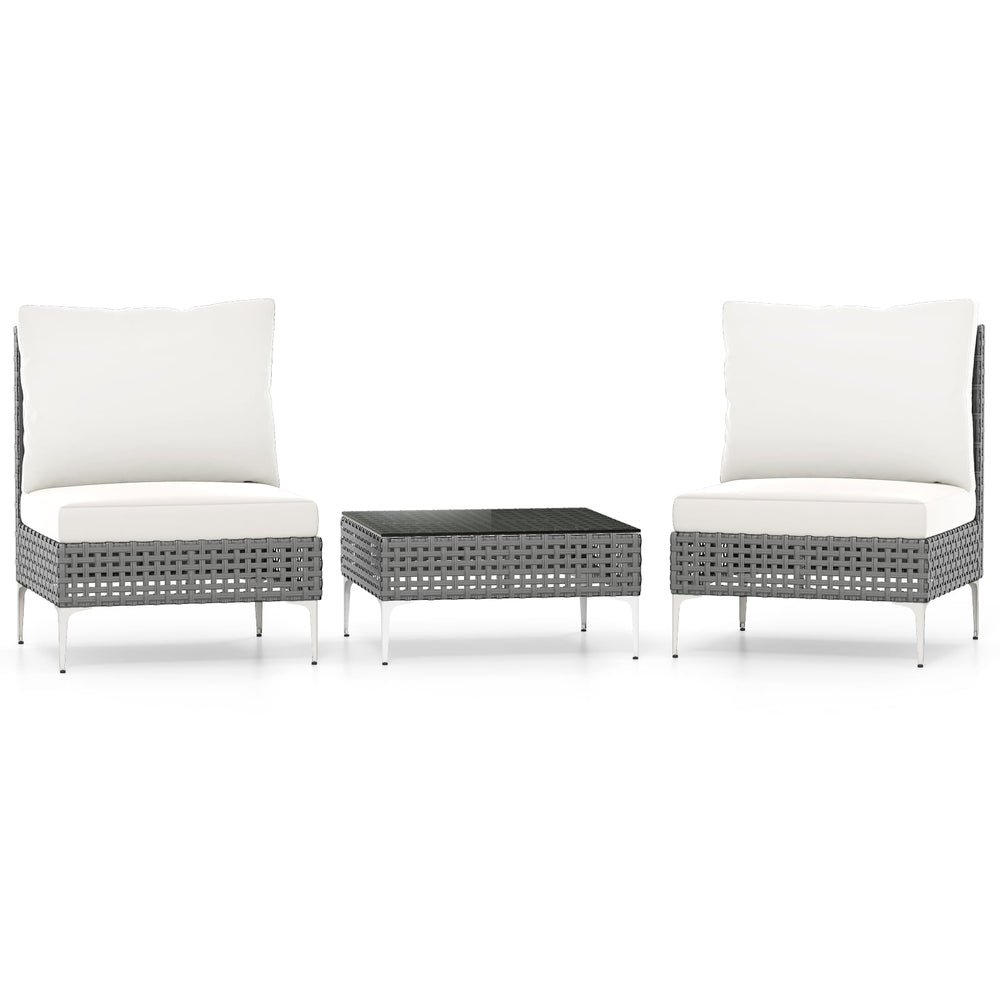 3 Pieces PE Rattan Conversation Chairs with Tempered Glass Coffee Table for Garden Porch-White
