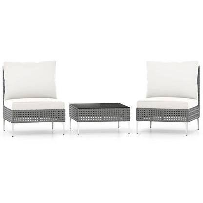 3 Pieces PE Rattan Conversation Chairs with Tempered Glass Coffee Table for Garden Porch-White
