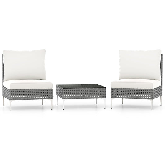 3 Pieces PE Rattan Conversation Chairs with Tempered Glass Coffee Table for Garden Porch-White