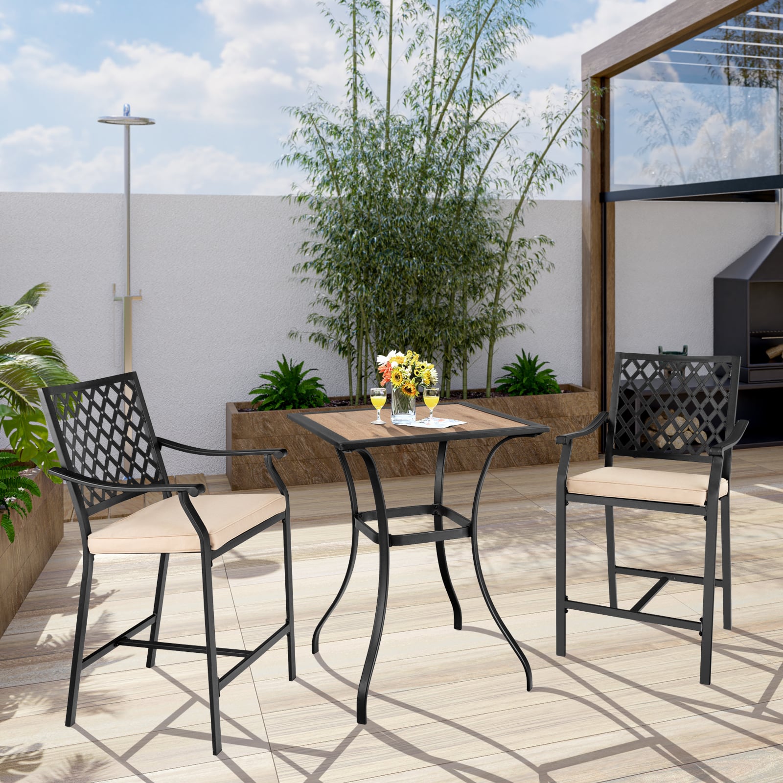 3 Pieces Patio Bar Set with High-Density Seat Cushions