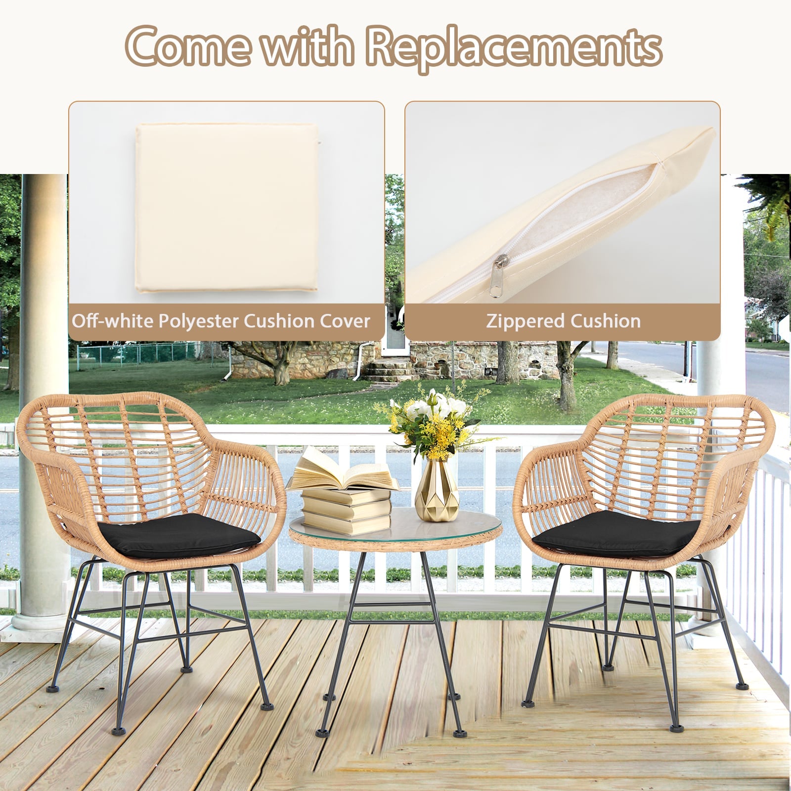3 Pieces Patio Bistro Set with White Fabric Replacements-Black