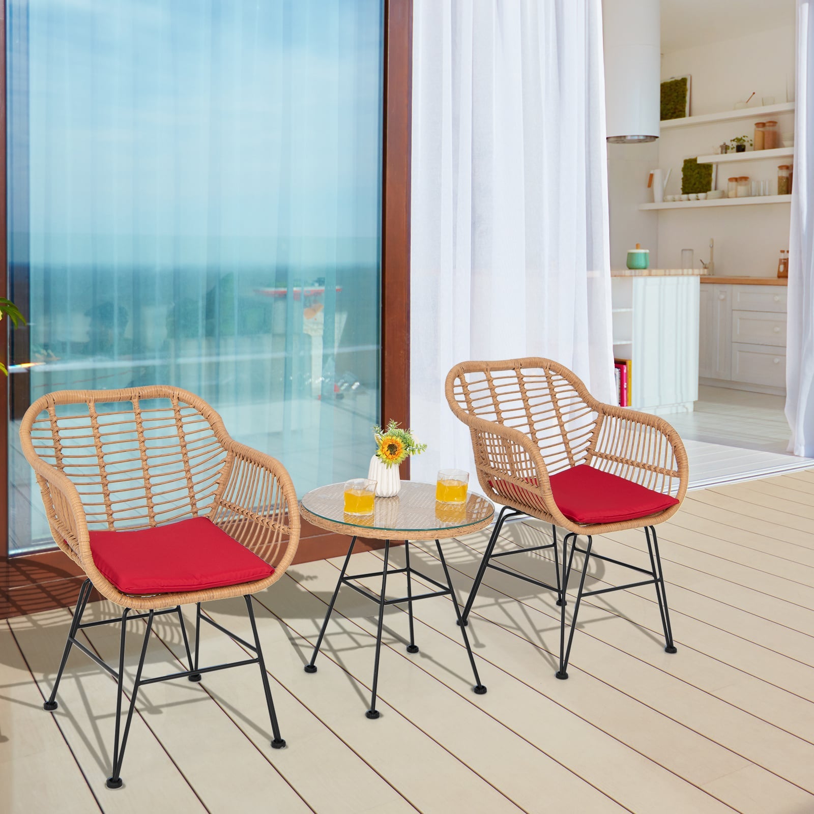 3 Pieces Patio Bistro Set with White Fabric Replacements-Red