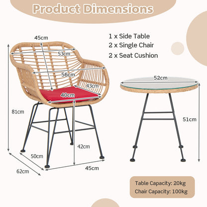 3 Pieces Patio Bistro Set with White Fabric Replacements-Red