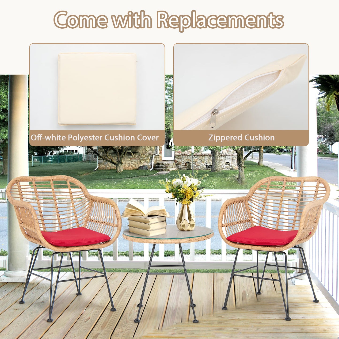 3 Pieces Patio Bistro Set with White Fabric Replacements-Red
