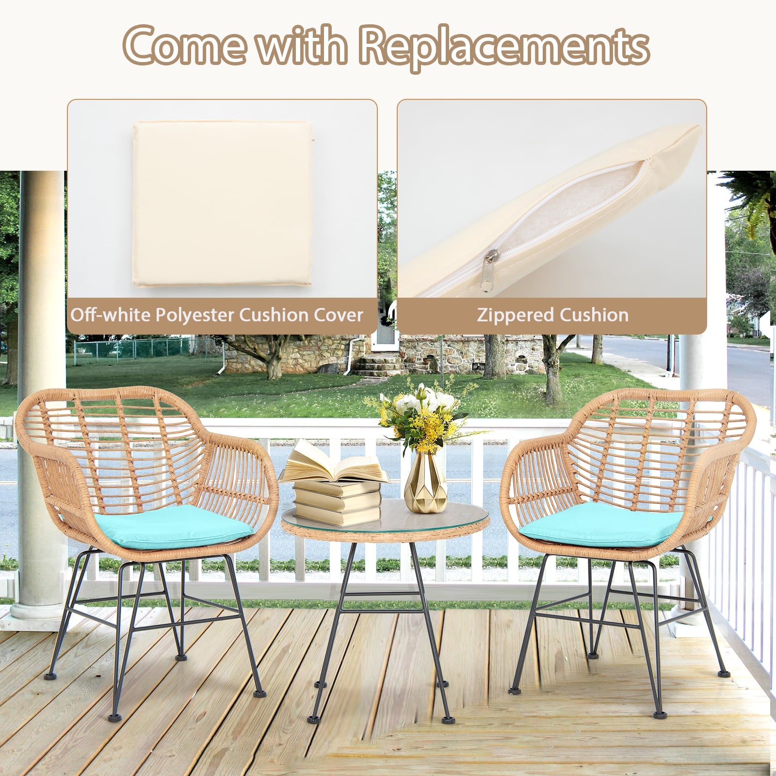 3 Pieces Patio Bistro Set with White Fabric Replacements-Turquoise