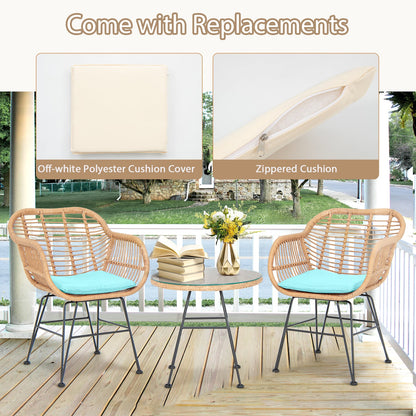 3 Pieces Patio Bistro Set with White Fabric Replacements-Turquoise