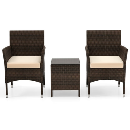 3 Pieces Patio Rattan Furniture Set with Soft Cushions and Glass Top Table-Beige