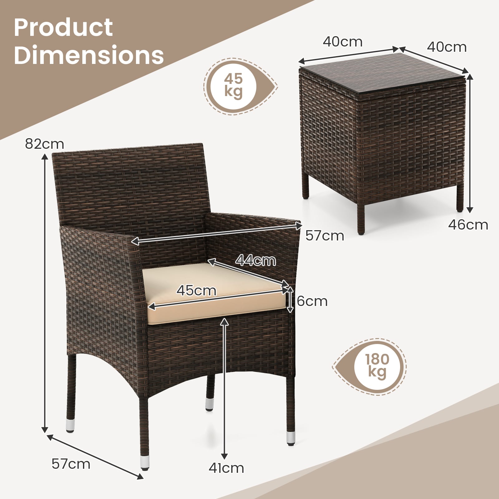 3 Pieces Patio Rattan Furniture Set with Soft Cushions and Glass Top Table-Beige