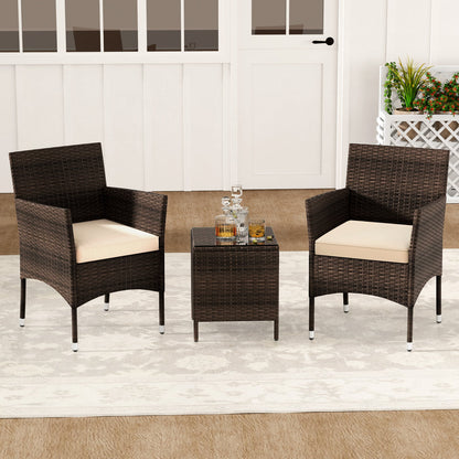3 Pieces Patio Rattan Furniture Set with Soft Cushions and Glass Top Table-Beige