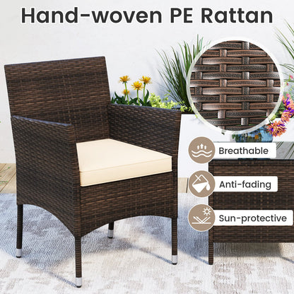 3 Pieces Patio Rattan Furniture Set with Soft Cushions and Glass Top Table-Beige