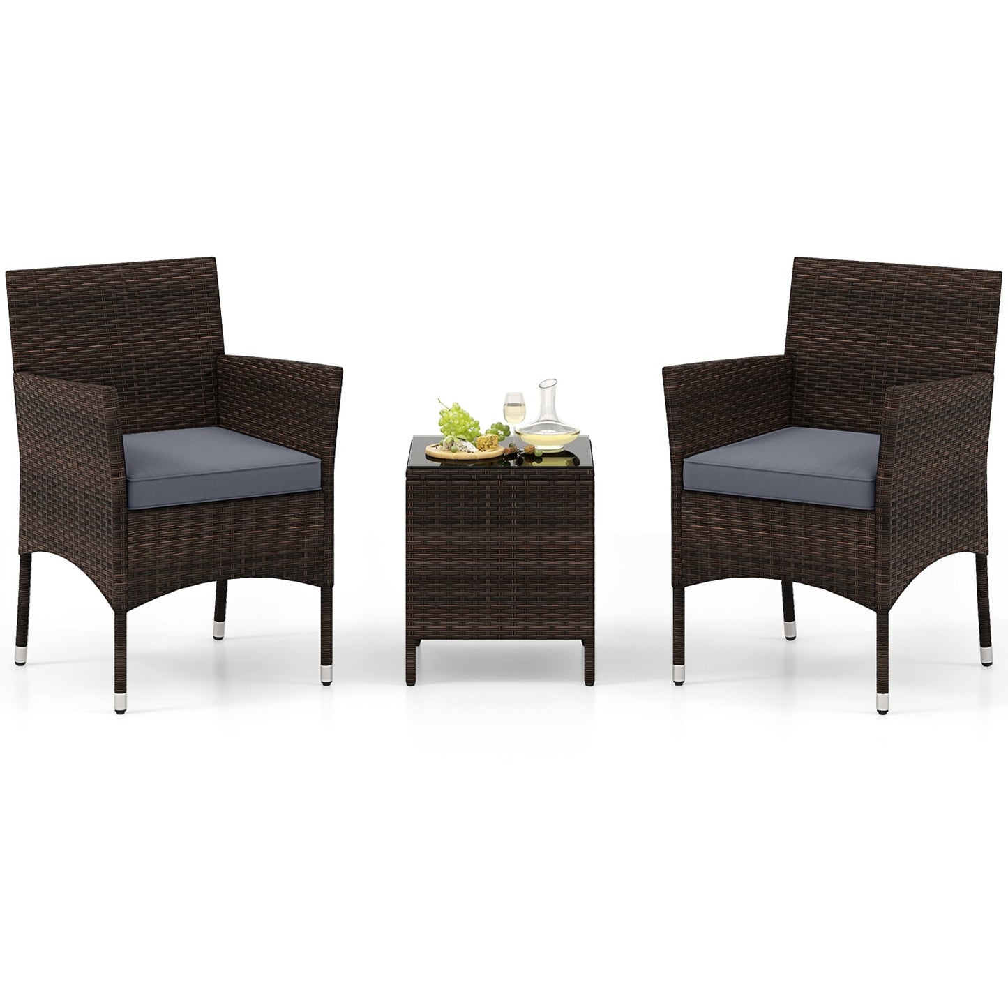 3 Pieces Patio Rattan Furniture Set with Soft Cushions and Glass Top Table-Grey
