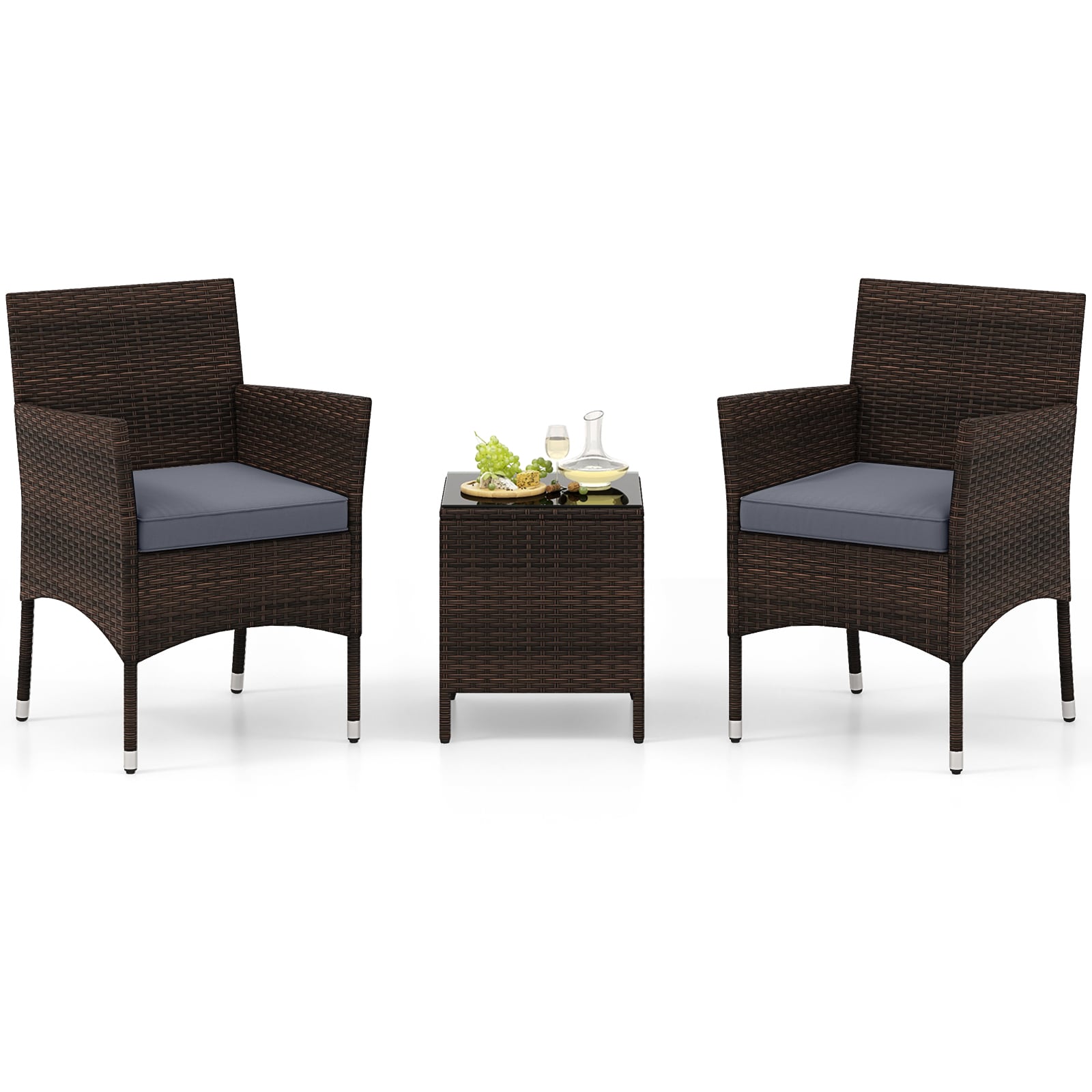 3 Pieces Patio Rattan Furniture Set with Soft Cushions and Glass Top Table-Grey