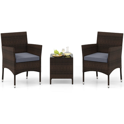 3 Pieces Patio Rattan Furniture Set with Soft Cushions and Glass Top Table-Grey