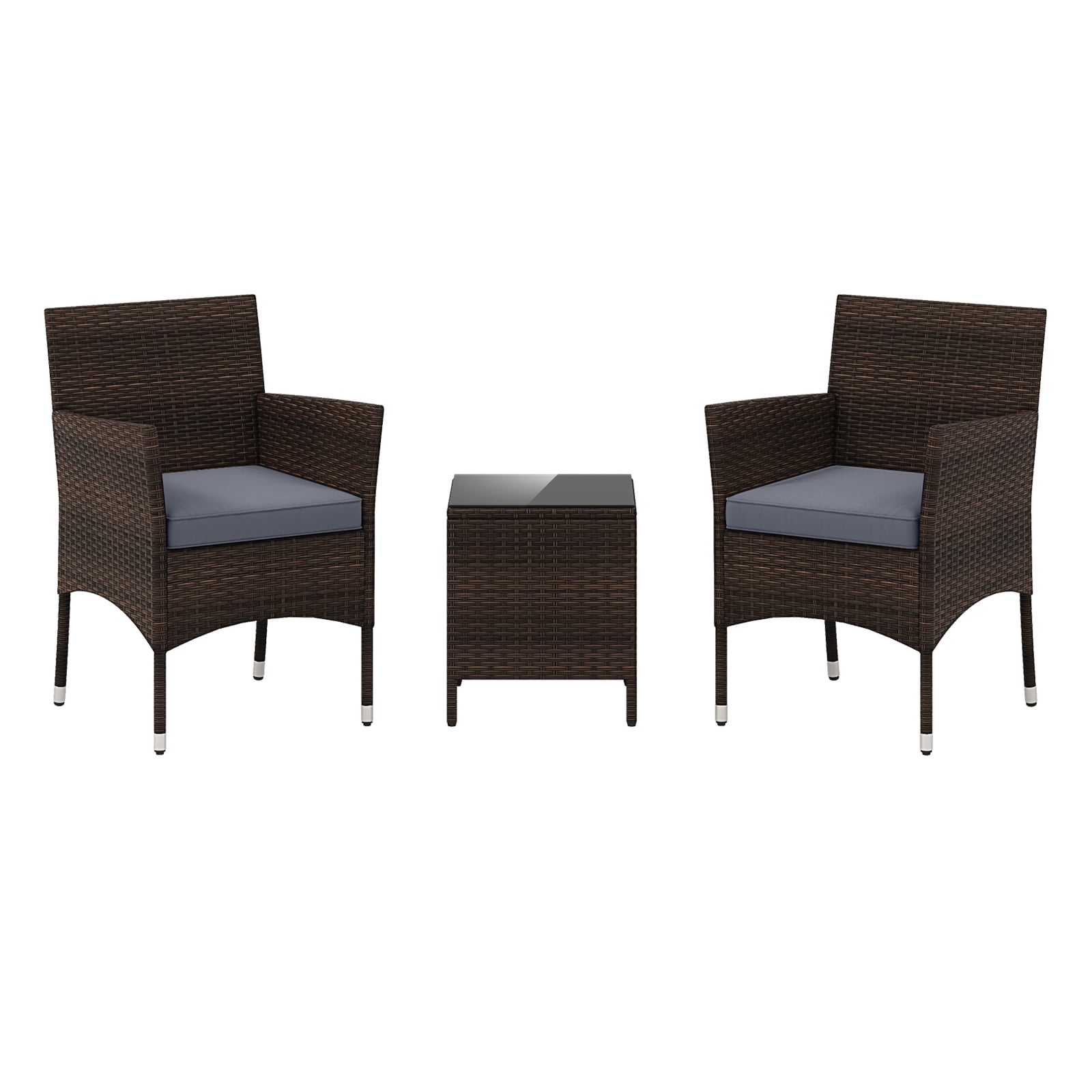 3 Pieces Patio Rattan Furniture Set with Soft Cushions and Glass Top Table-Grey