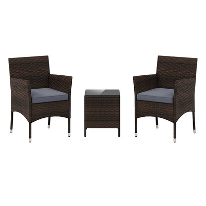 3 Pieces Patio Rattan Furniture Set with Soft Cushions and Glass Top Table-Grey