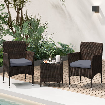3 Pieces Patio Rattan Furniture Set with Soft Cushions and Glass Top Table-Grey
