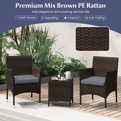 3 Pieces Patio Rattan Furniture Set with Soft Cushions and Glass Top Table-Grey