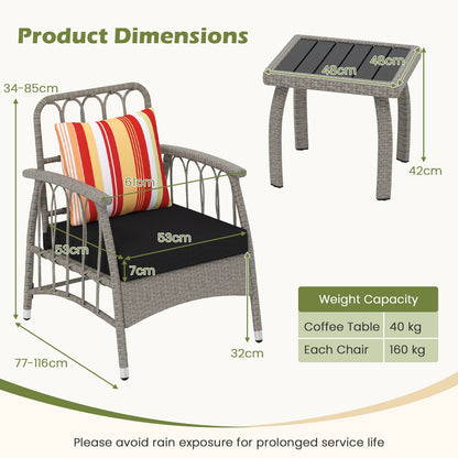 3 Pieces Patio PE Wicker Furniture Set with 5-Level Adjustable Backrest-Grey