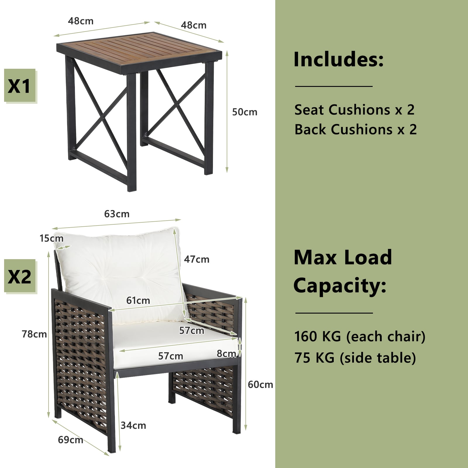 3 Pieces Patio Rattan Bistro Set with Acacia Wood Tabletop-White