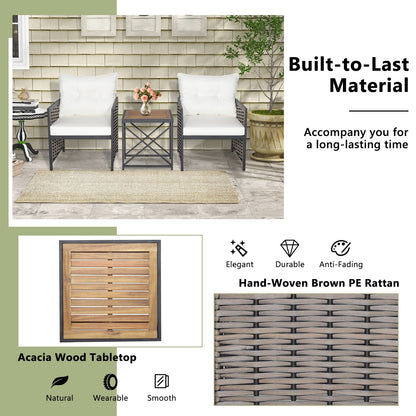 3 Pieces Patio Rattan Bistro Set with Acacia Wood Tabletop-White