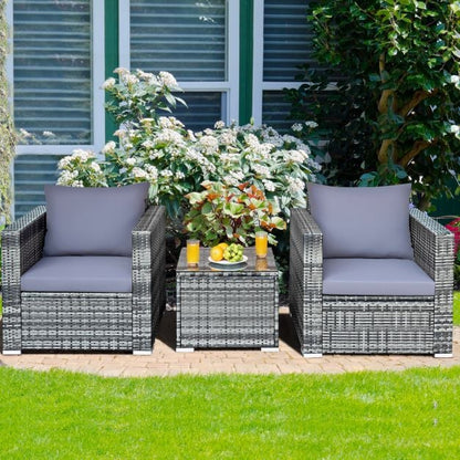 3 Pieces Rattan Bistro Set with Cushions for Balcony-Grey