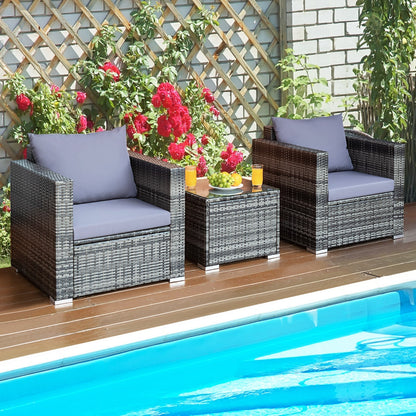 3 Pieces Rattan Bistro Set with Cushions for Balcony-Grey