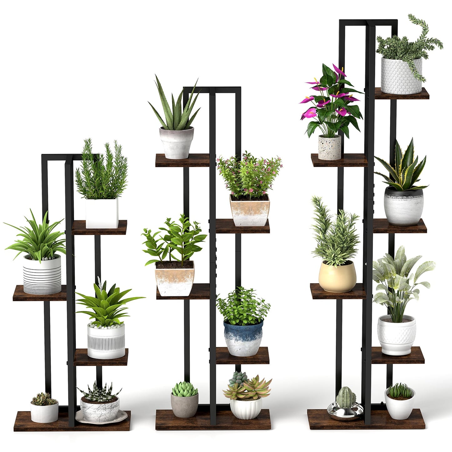 3 Pieces Tall Wood Plant Stand Set 4+5+6-Tier Indoor Flower Stands-Rustic Brown