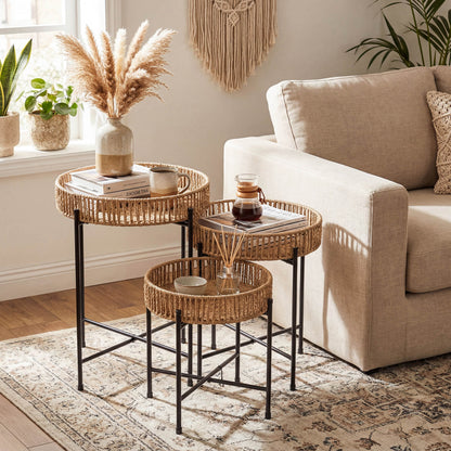 Set of 3 Round Nesting Side Tables Weaving End Tables with Metal Legs-Natural