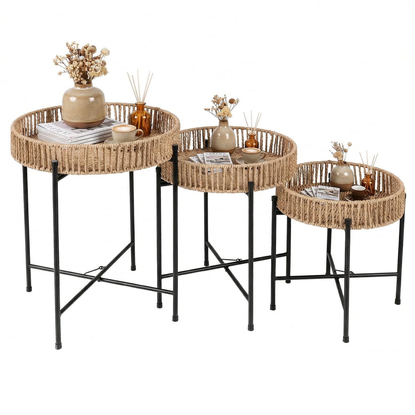 Set of 3 Round Nesting Side Tables Weaving End Tables with Metal Legs-Natural