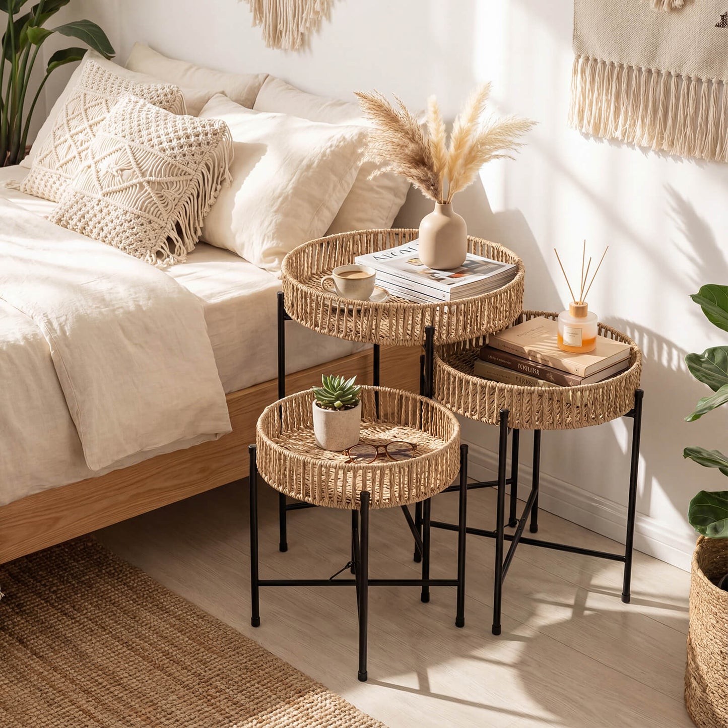 Set of 3 Round Nesting Side Tables Weaving End Tables with Metal Legs-Natural