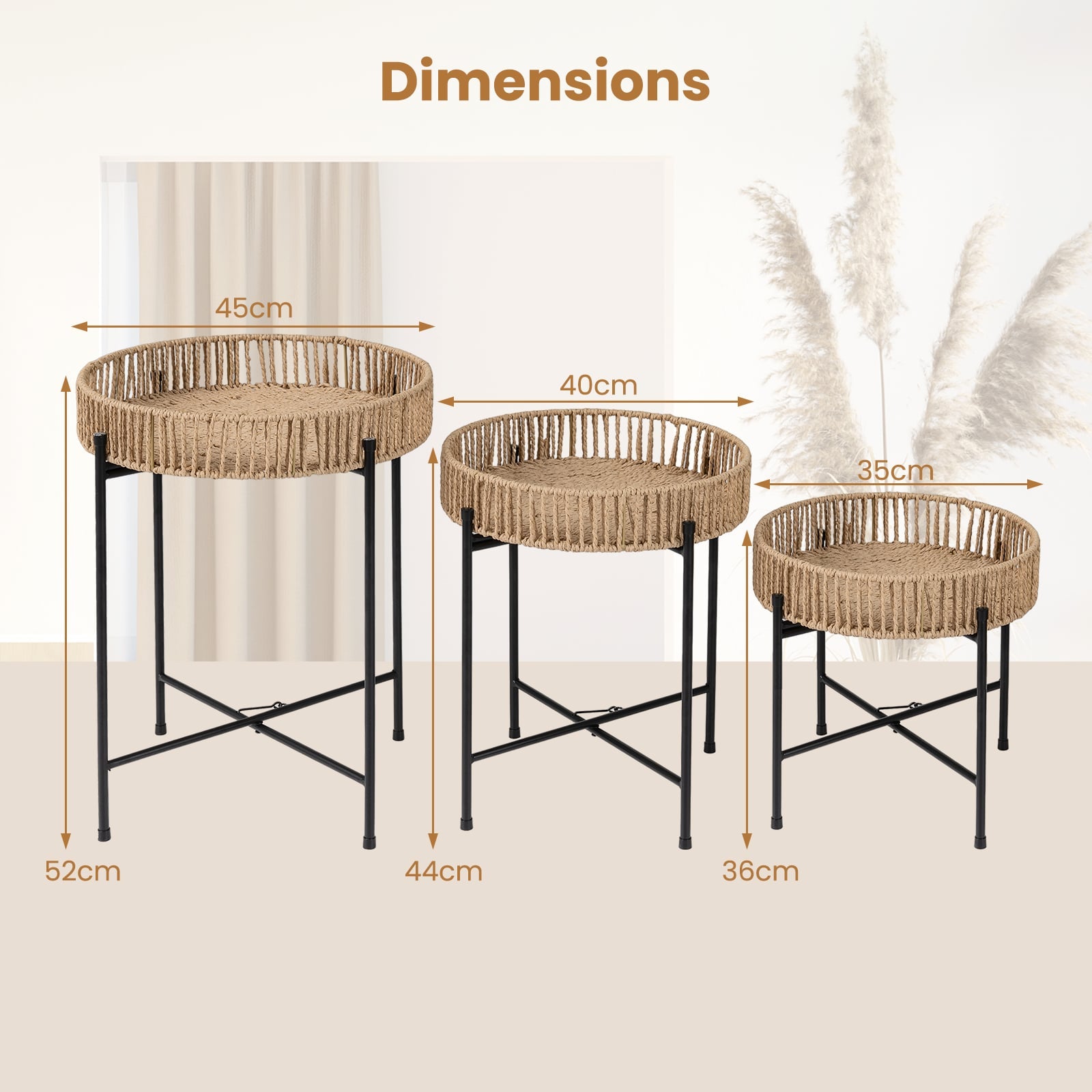 Set of 3 Round Nesting Side Tables Weaving End Tables with Metal Legs-Natural