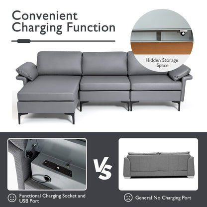 L-shaped 3-Seat Upholstered Sectional Sofa-Grey