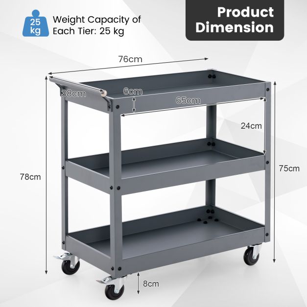 3 Shelf Rolling Metal Utility Cart with Ergonomic Handle-Grey