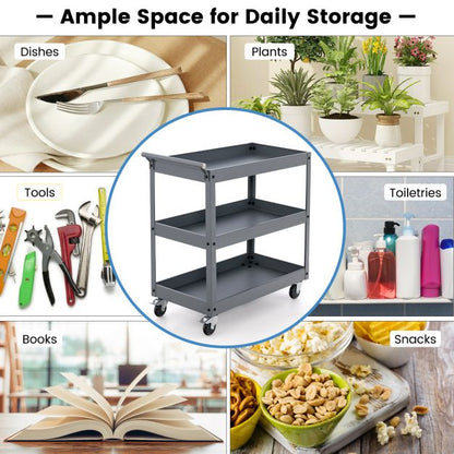 3 Shelf Rolling Metal Utility Cart with Ergonomic Handle-Grey