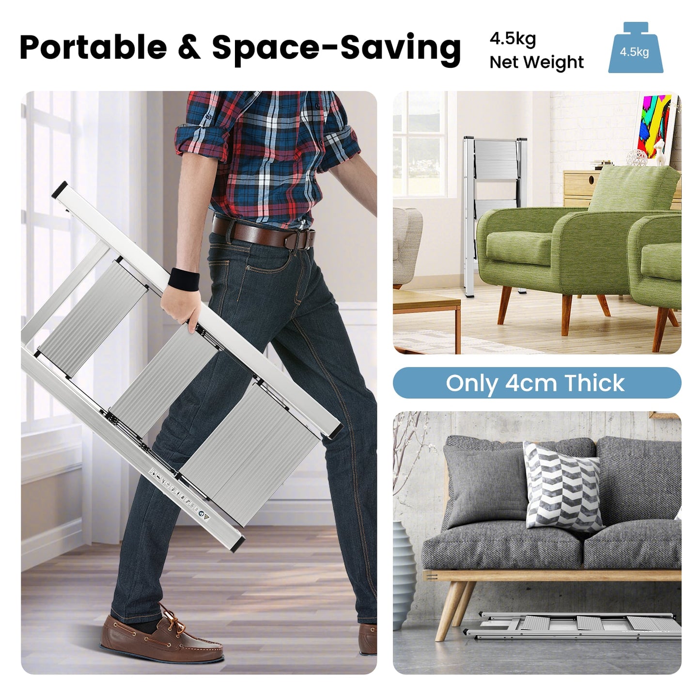 3 Step Folding Ladder with Wide Anti-Slip Pedal-Silver