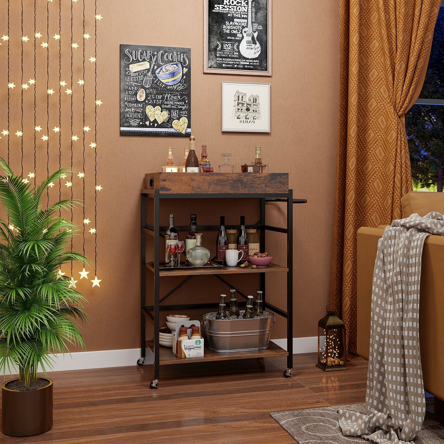 3-Tier Bar Cart Industrial Serving Cart with Detachable Tray-Rustic Brown