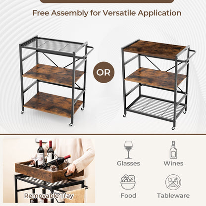 3-Tier Bar Cart Industrial Serving Cart with Detachable Tray-Rustic Brown