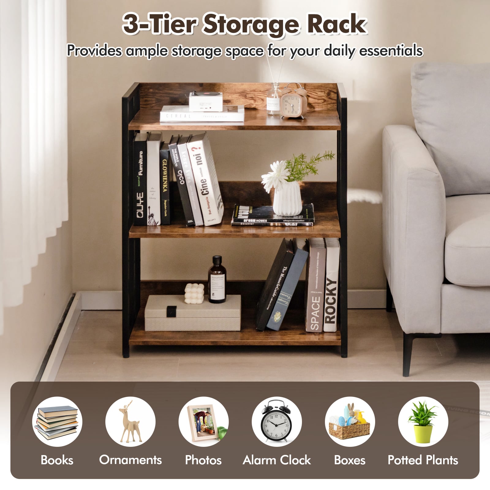 3-Tier Bookshelf with Adjustable Shelves and Metal Frame-Rustic Brown