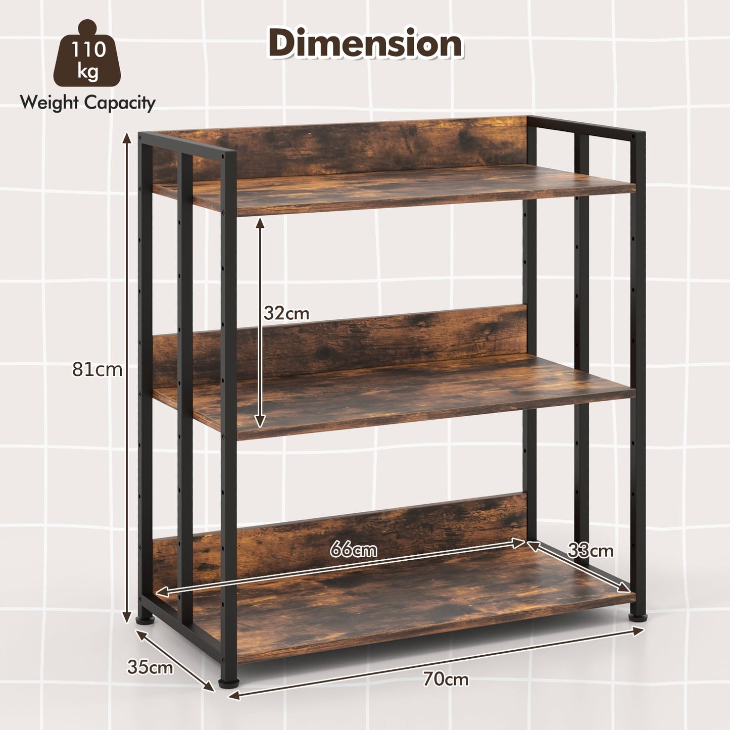 3-Tier Bookshelf with Adjustable Shelves and Metal Frame-Rustic Brown