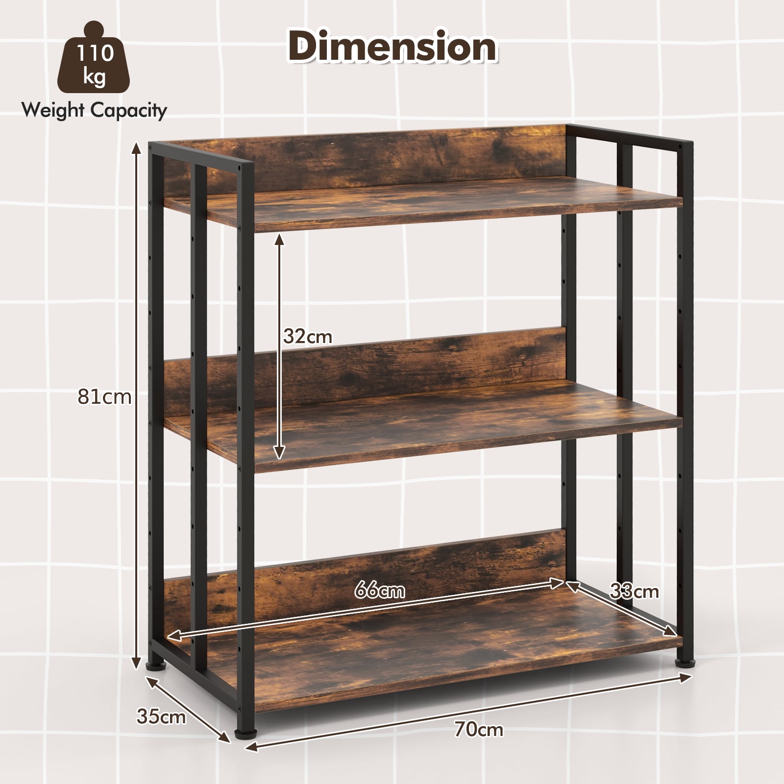 3-Tier Bookshelf with Adjustable Shelves and Metal Frame-Rustic Brown