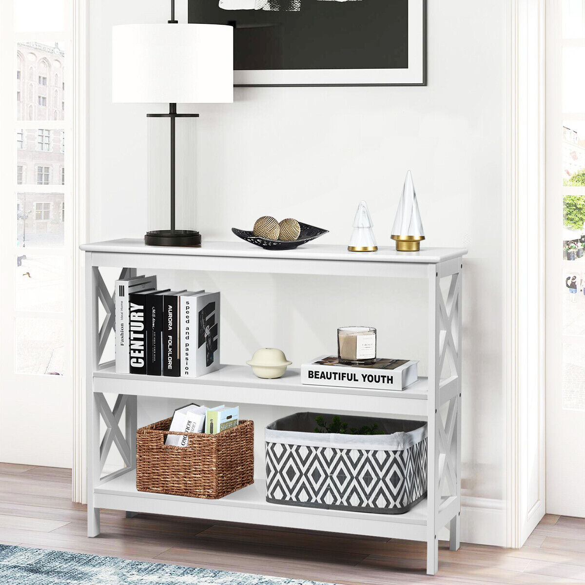 Industrial 3-Tier Console Table with Storage Shelf-White