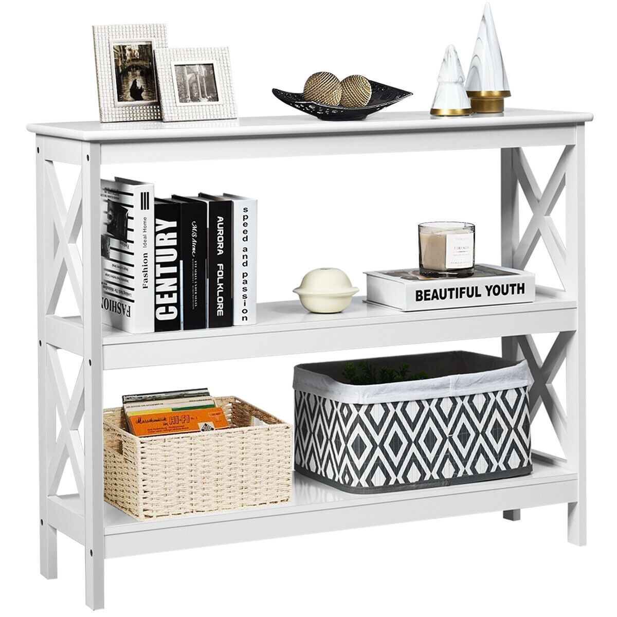 Industrial 3-Tier Console Table with Storage Shelf-White