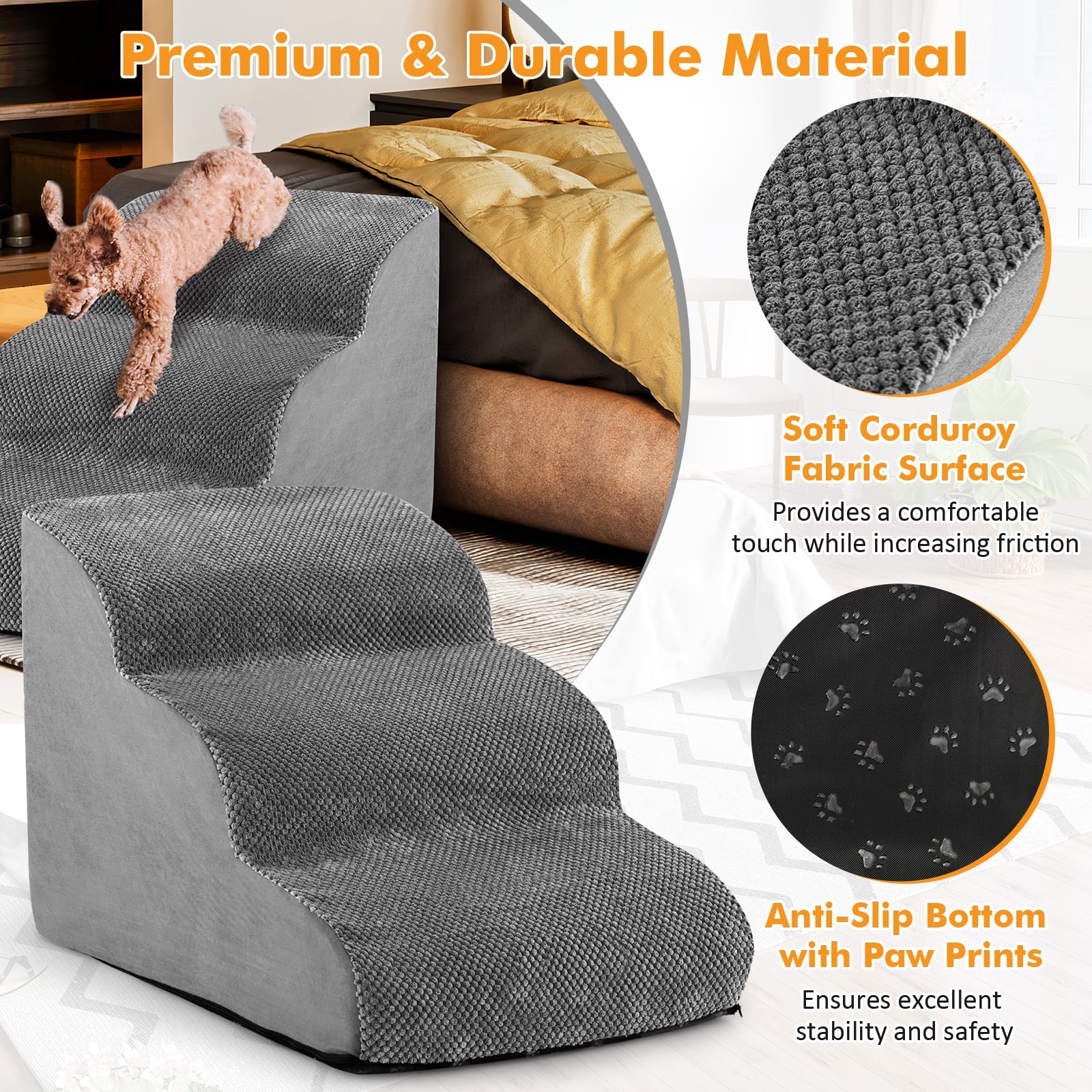 3 Tier Foam Dog Ramp with Gentle Slope Surface-Grey