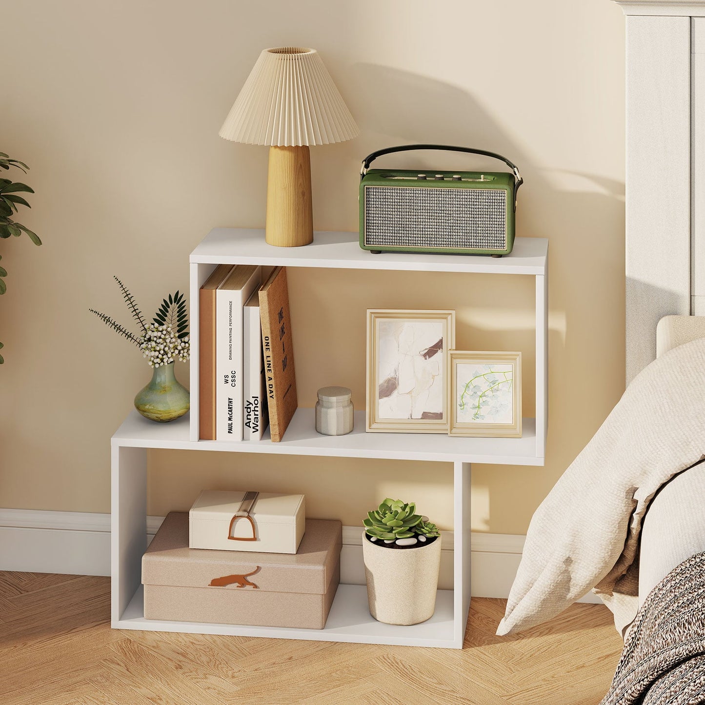 3-Tier Geometric Bookshelf Freestanding Wooden Bookcase with 2 Cubic Compartments-White