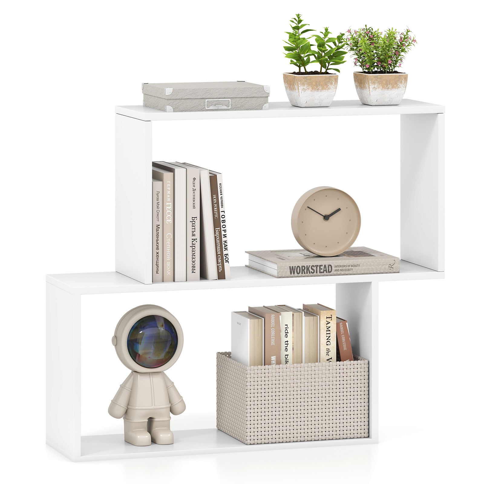 3-Tier Geometric Bookshelf Freestanding Wooden Bookcase with 2 Cubic Compartments-White