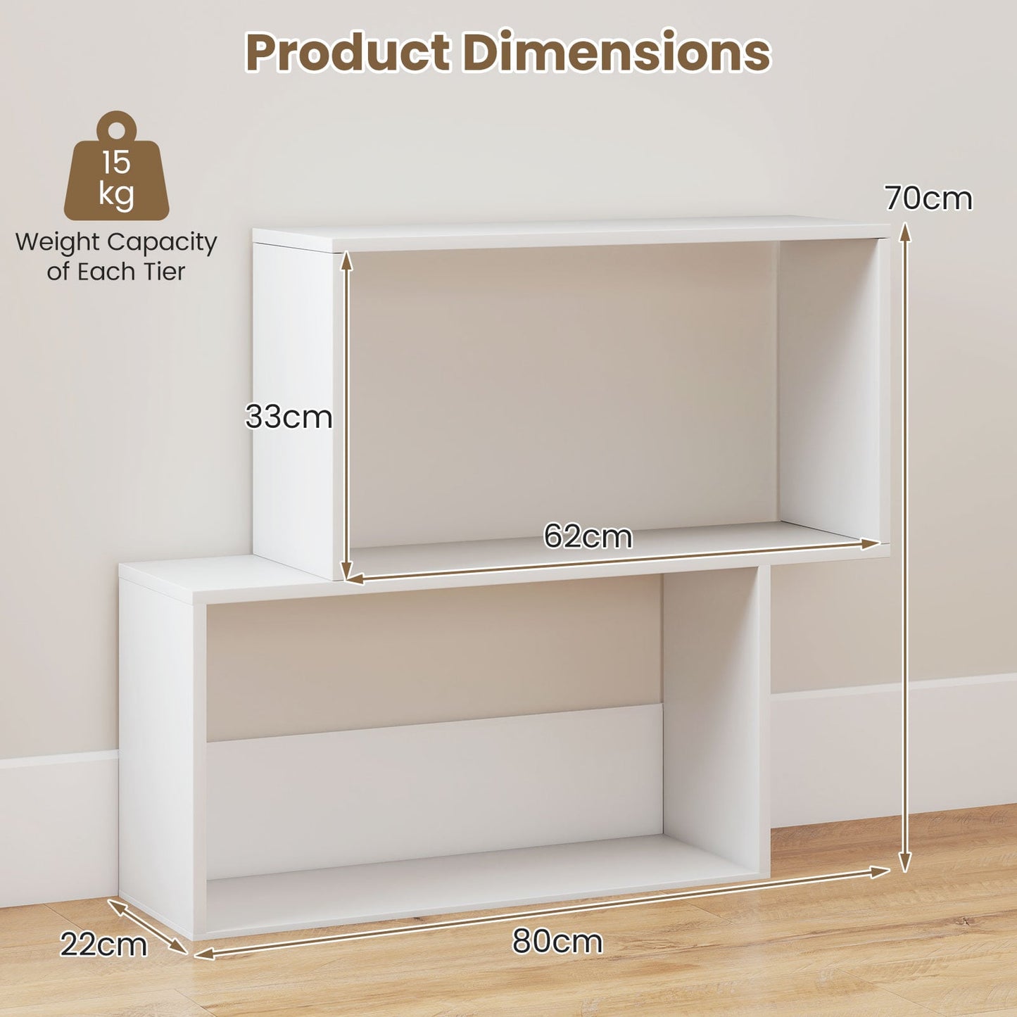 3-Tier Geometric Bookshelf Freestanding Wooden Bookcase with 2 Cubic Compartments-White