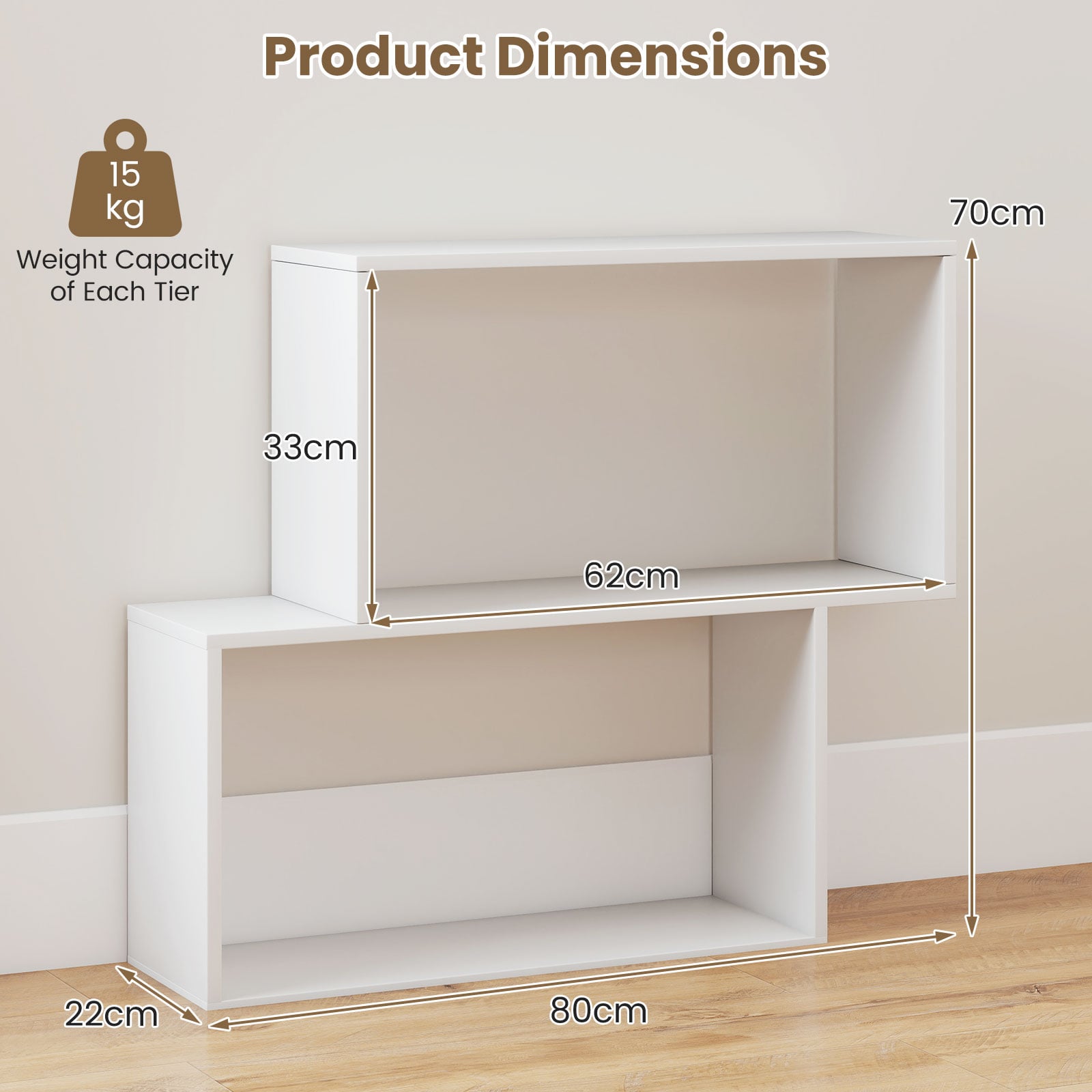 3-Tier Geometric Bookshelf Freestanding Wooden Bookcase with 2 Cubic Compartments-White