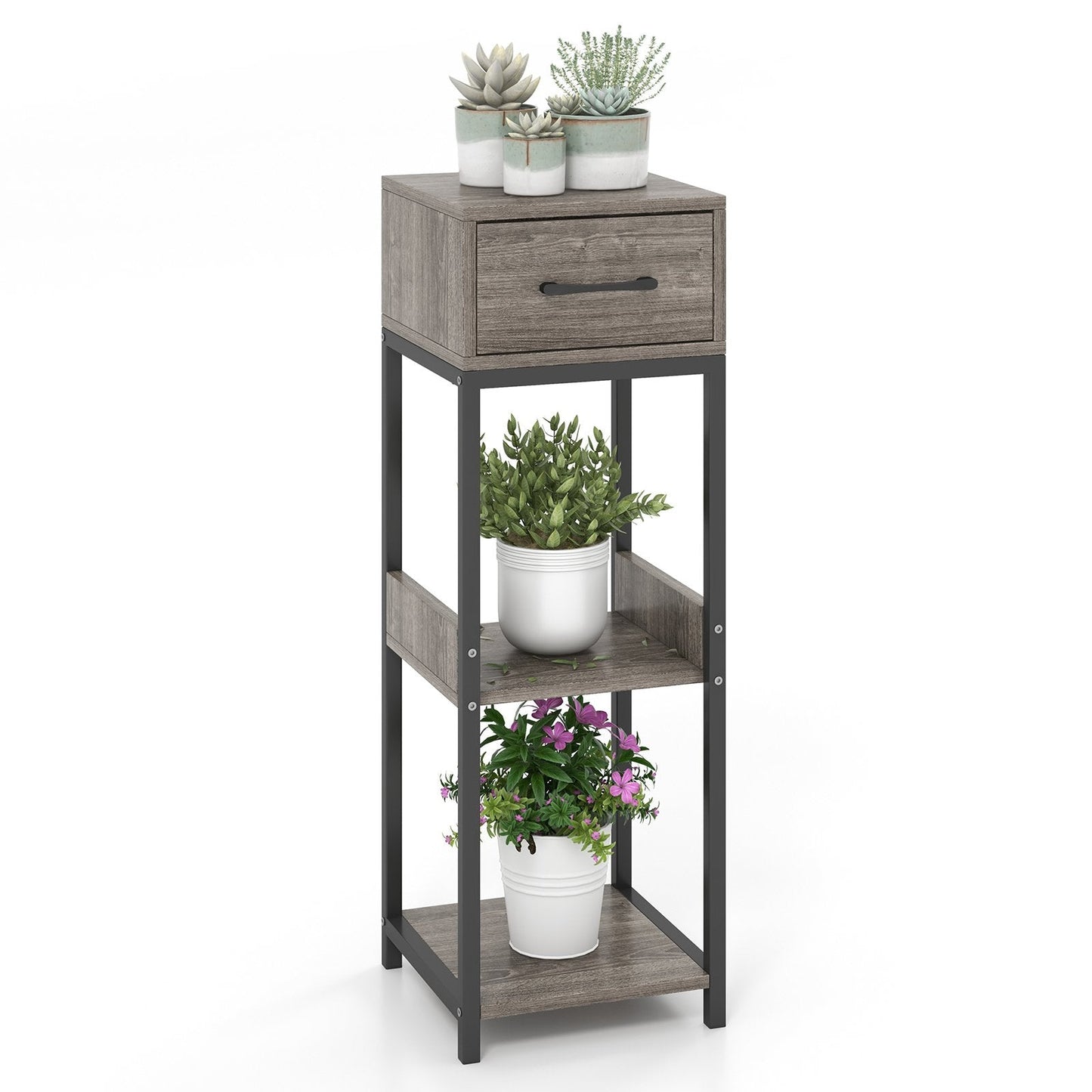 3 Tier Indoor Tall Plant Stand with Drawer and Anti-tipping Devices-Grey